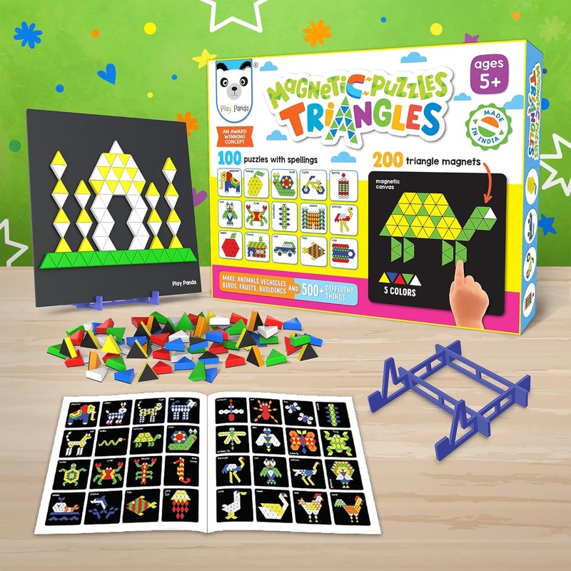 Play Panda Magnetic Puzzles: Triangles - 250 Colorful Magnets, 100 Puzzles, Magnetic Board & Display Stand - Image 2